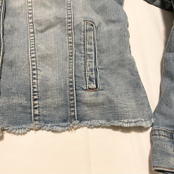Jeaniologie Altered Jean Denim Jacket Dont Talk to Strangers Patch Sz Large - Picture 7 of 16